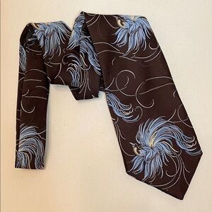 VINTAGE LANVIN Chocolate Brown Tie Blue & Cream Bird Pattern Luxury Collectible